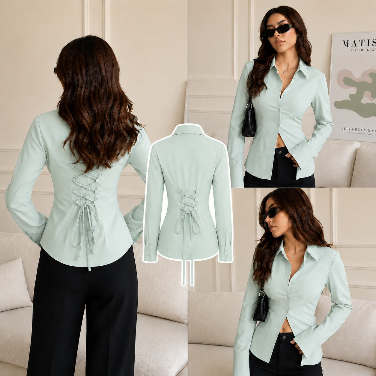 SEA GREEN CORSET LACE-UP BACK STRIPE SHIRT
