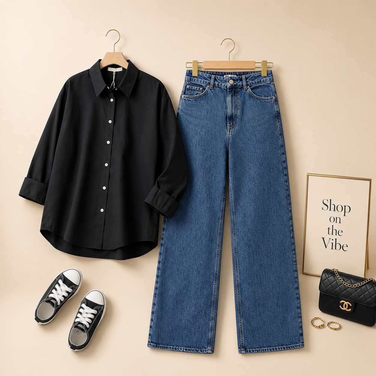 BLACK BUTTON DOWN SHIRT WITH MID BLUE WIDE LEG JEANS
