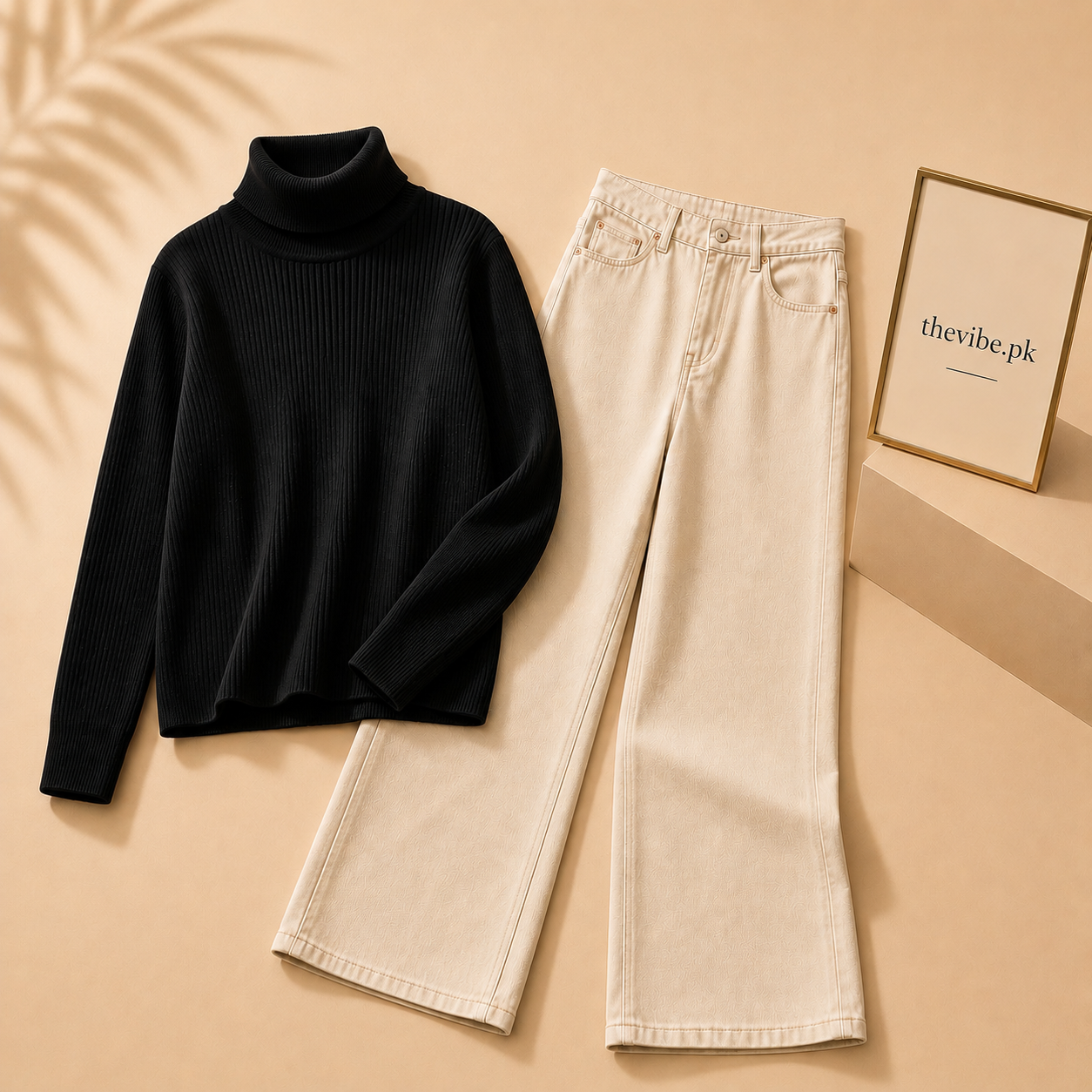BLACK RIBKNIT HIGH NACK WITH BEIGE WIDE LEG JEANS