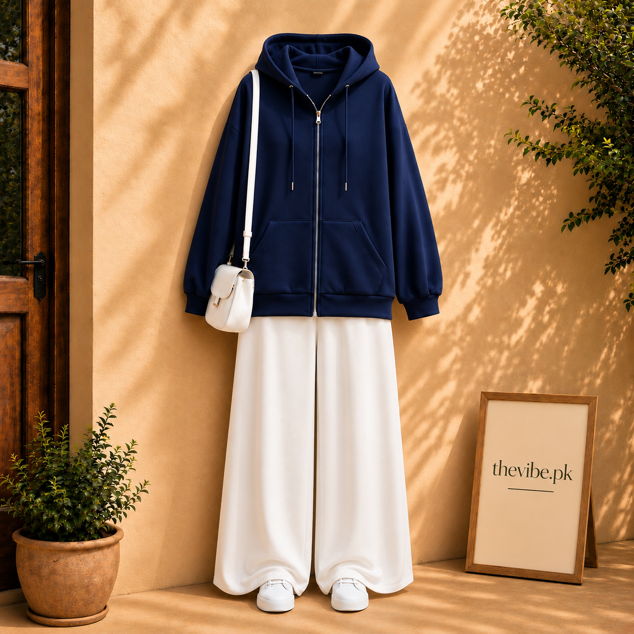 NAVY BLUE ZIP HOODIE WITH WHITE FLAPPER