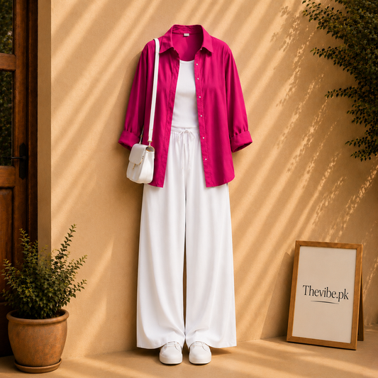 HOT PINK BUTTON DOWN SHIRT WITE WHITE TANK TOP AND WHITE FLAPPER