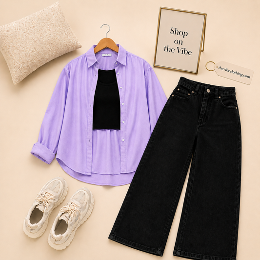 LILAC BUTTON SHIRT INNER CROP T-SHIRTS WITH BLACK WIDE LEG JEANS (3Pcs)