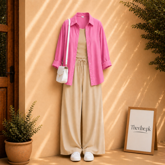 PINK BUTTON DOWN SHIRT WITH BEING TANK TOP AND BEIGE FLAPPER