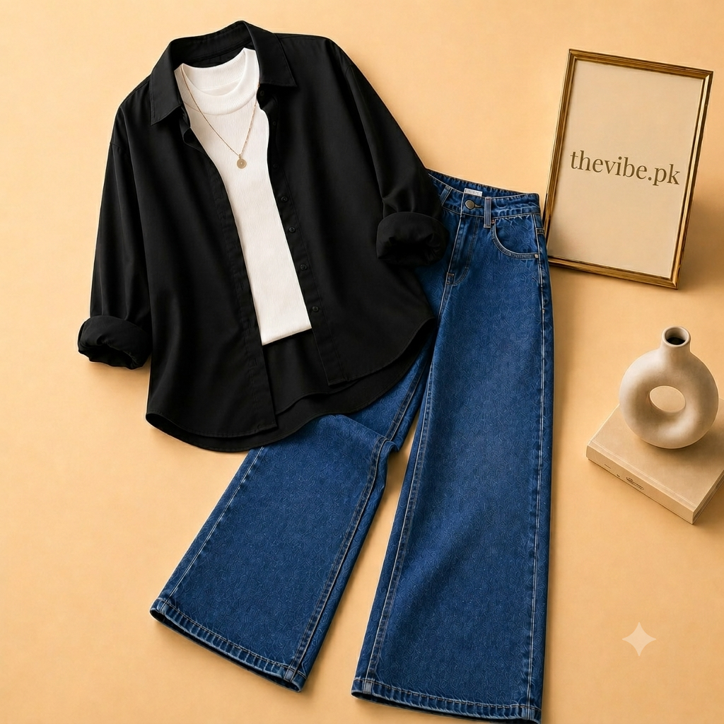 BLACKBUTTON DOWN SHIRT  WITH WHITE TANK TOP MID BLUE WIDE LEG JEANS (3Pcs)