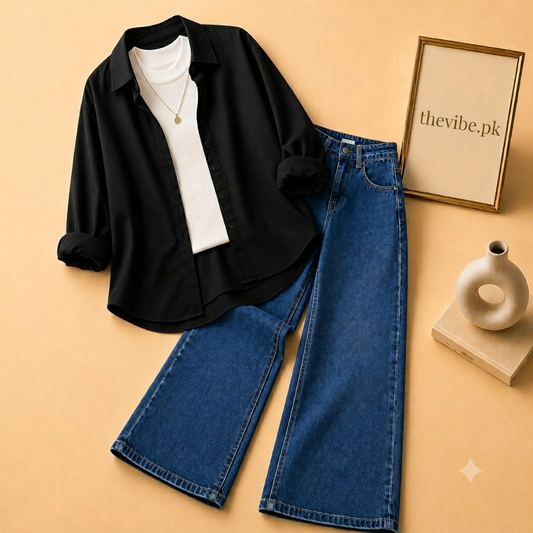 BLACKBUTTON DOWN SHIRT  WITH WHITE TANK TOP MID BLUE WIDE LEG JEANS (3Pcs)