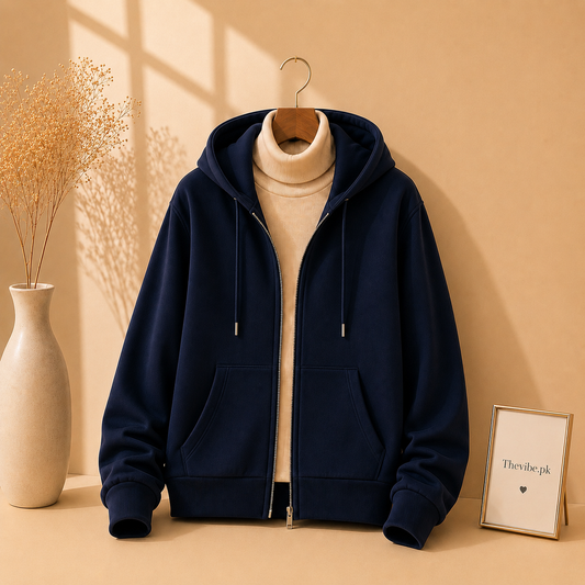 NAVY BLUE ZIPPER HOODIE WITH BEIGE HIGH NECK