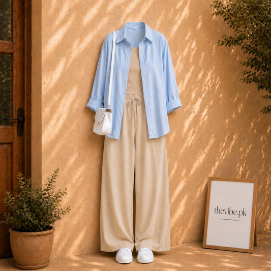 SKY BLUE BUTTON DOWN SHIRT WITE BEIGE TANK TOP AND BEIGE FLAPPER