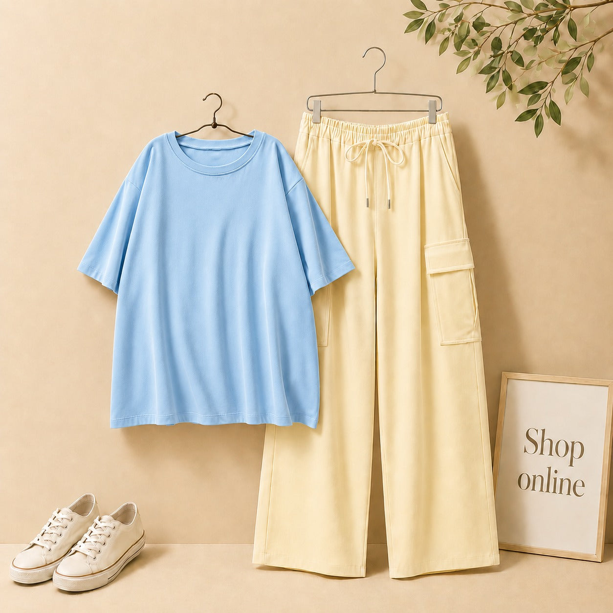 SKY BLUE BROWN DROP SHOULDER TEE SHIRT WITH BEIGE CARGO TROUSER