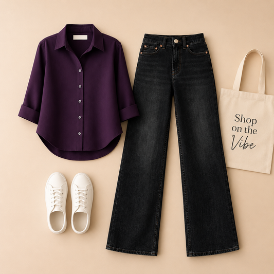 PURPLE BUTTON SHIRT WITH BLACK WIDE LAG JEANS