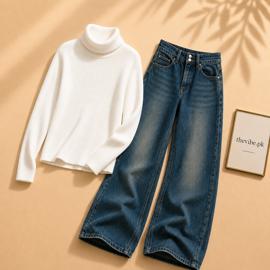 WHITE RIBKNIT HIGH NACK WITH DARKISH BLUE WIDE LEG JEANS