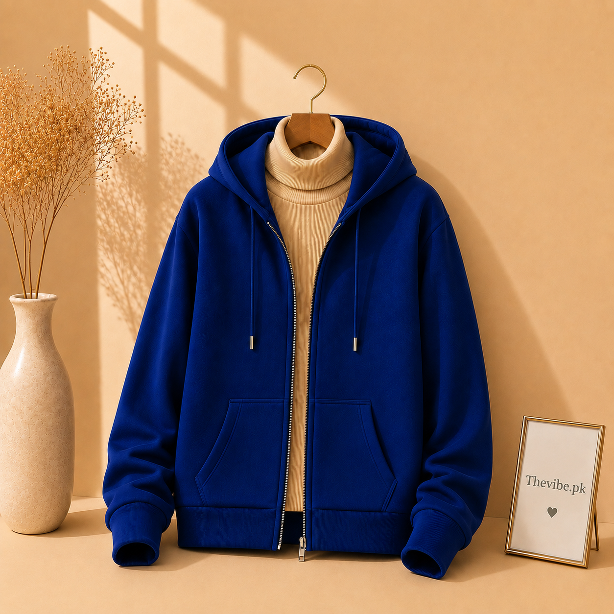 ROYAL BLUE ZIPPER HOODIE WITH BEIGE HIGH NECK