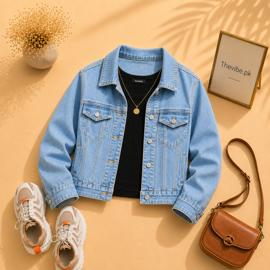 MID BLUE DENIM JACKET WITH BLACK TANK TOP