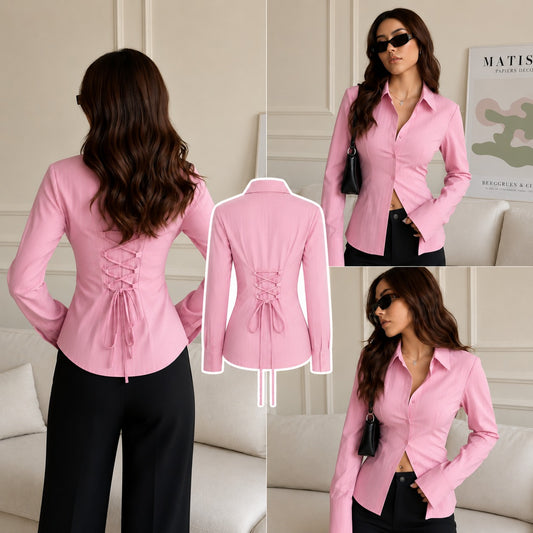 PINK CORSET LACE-UP BACK STRIPE SHIRT