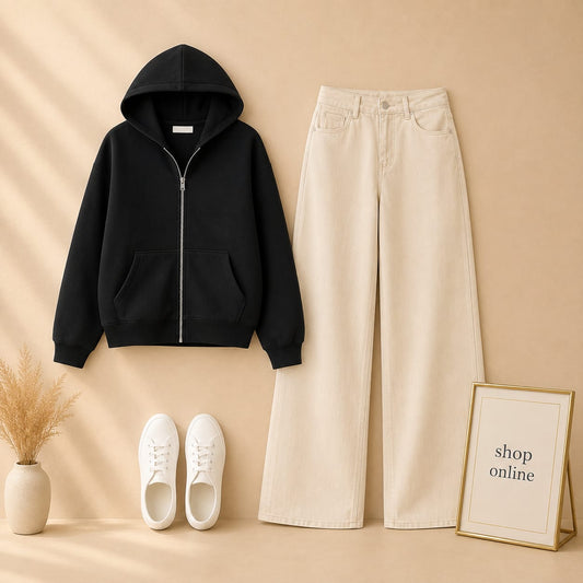 BLACK ZIP HOODIE WITH BEIGE WIDE LEG JEANS