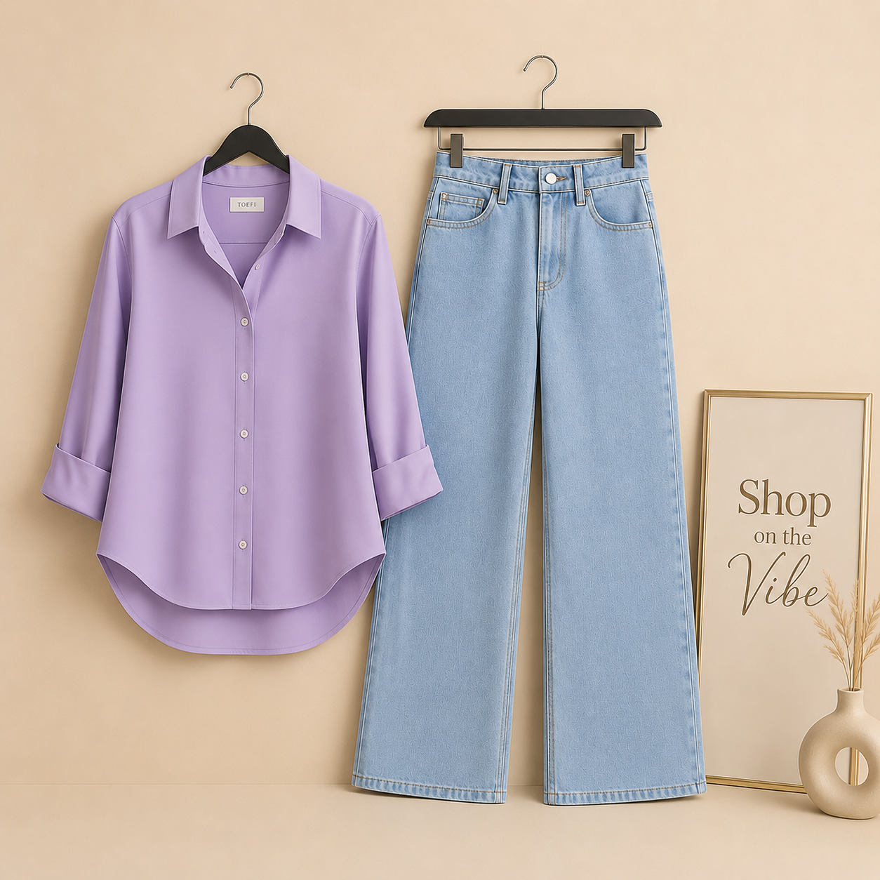 LILAC BUTTON DOWN SHIRT WITH ICE WIDE LEG JEANS