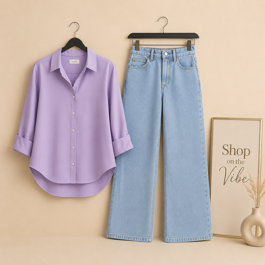 LILAC BUTTON DOWN SHIRT WITH ICE WIDE LEG JEANS