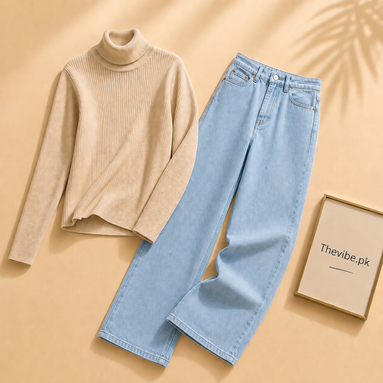 BEIGE RIBKNIT HIGH NACK WITH ICE BLUE WIDE LEG JEANS