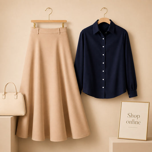 NAVY BLUE BUTTON DOWN WITH BEIGECOTTON TWILL SKIRT