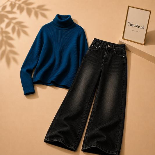 PETROLEUM BLUE RIBKNIT HIGH NACK WITH MALAYSIAN WIDE LEG JEANS
