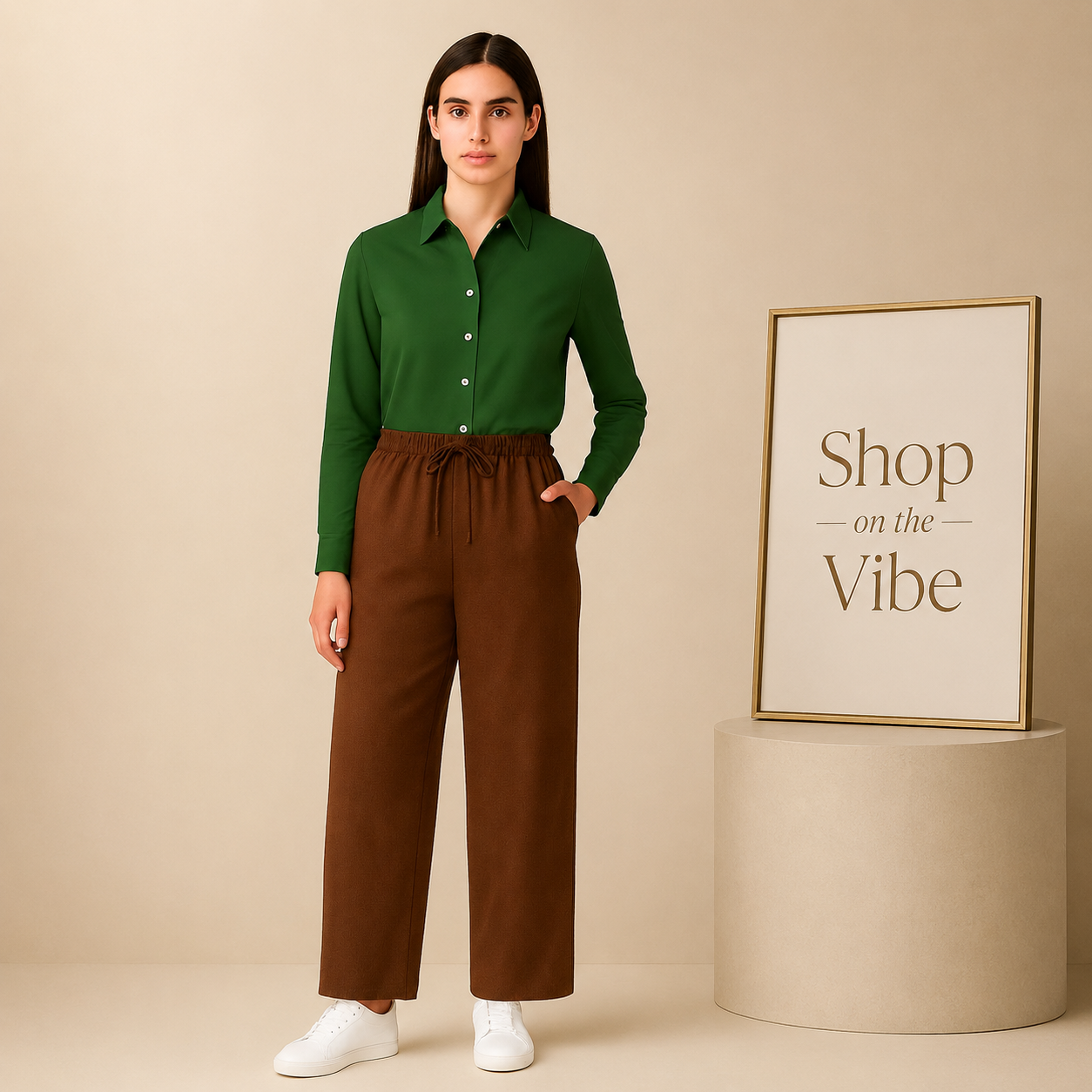 BOTTLE GREEN BUTTON DOWN SHIRT WITH BROWN FLAPPER