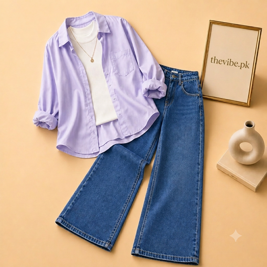 LILAC BUTTON DOWN SHIRT  WITH WHITE TANK TOP MID BLUE WIDE LEG JEANS (3Pcs)