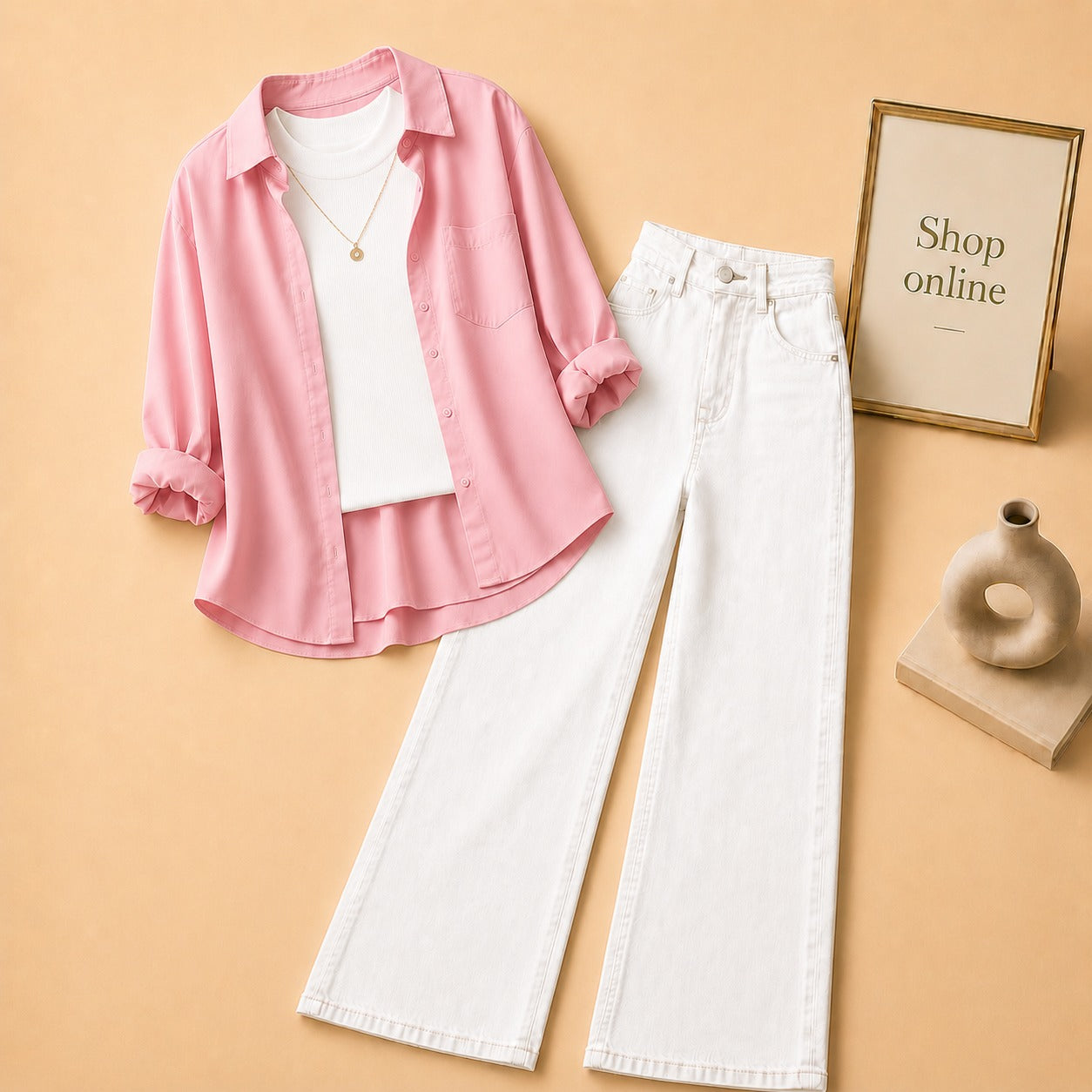 LIGHT PINK  BUTTON DOWN SHIRT WITH WHITE TANK TOP WHITE WIDE LEG JEANS (3Pcs)