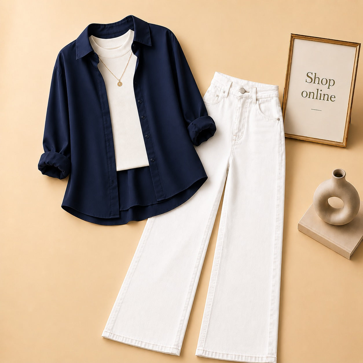 NAVY BLUE  BUTTON DOWN SHIRT WITH WHITE TANK TOP WHITE WIDE LEG JEANS (3Pcs)