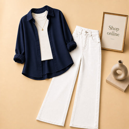 NAVY BLUE  BUTTON DOWN SHIRT WITH WHITE TANK TOP WHITE WIDE LEG JEANS (3Pcs)