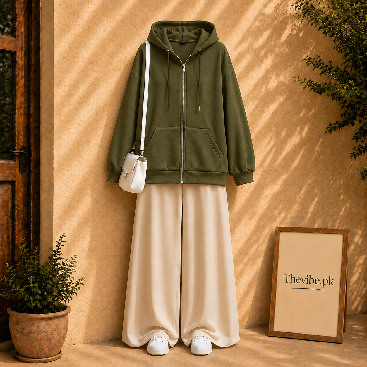 Olive GREEN ZIP HOODIE WITH BEIGE FLAPPER