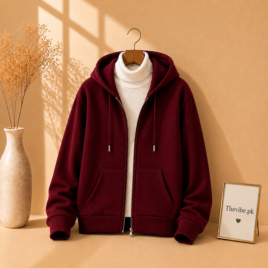 MAROON ZIPPER HOODIE WITH WHITE HIGH NECK