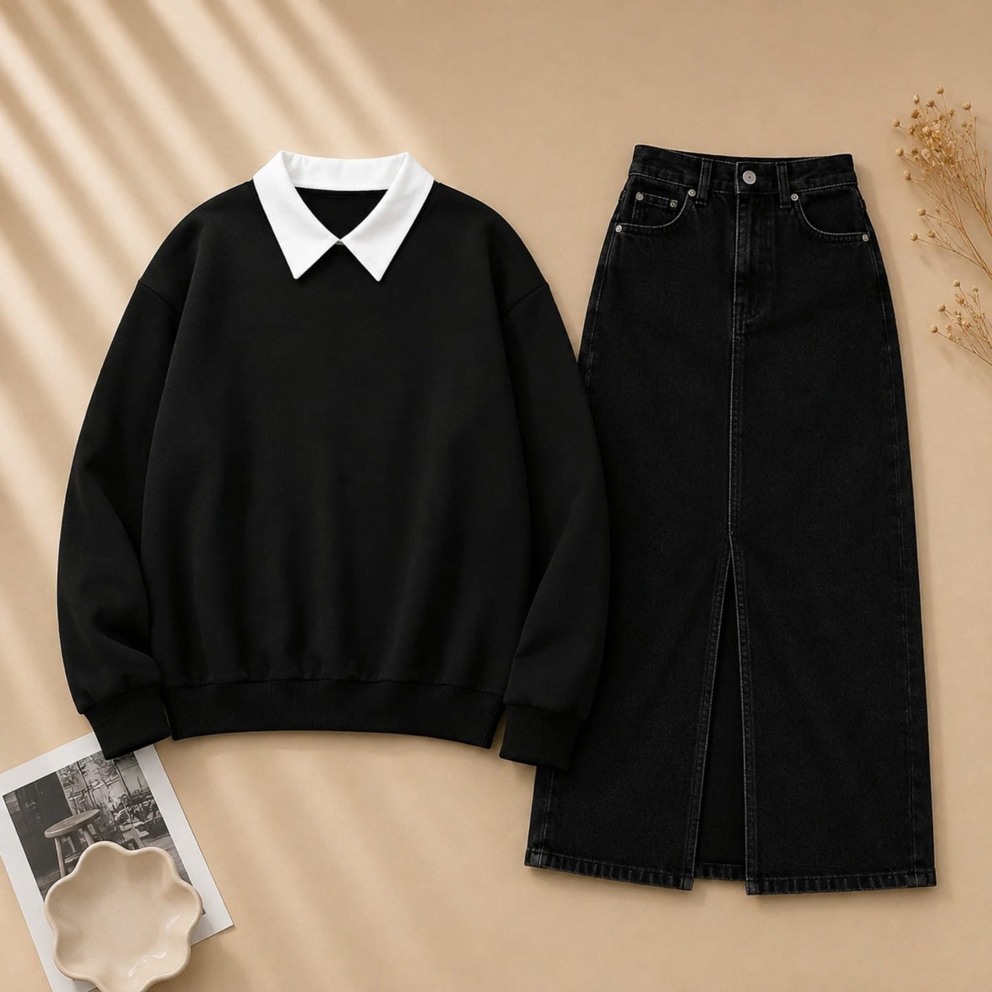 BLACK COLLAR SWEATSHIRT WITH BLACK SHIRT
