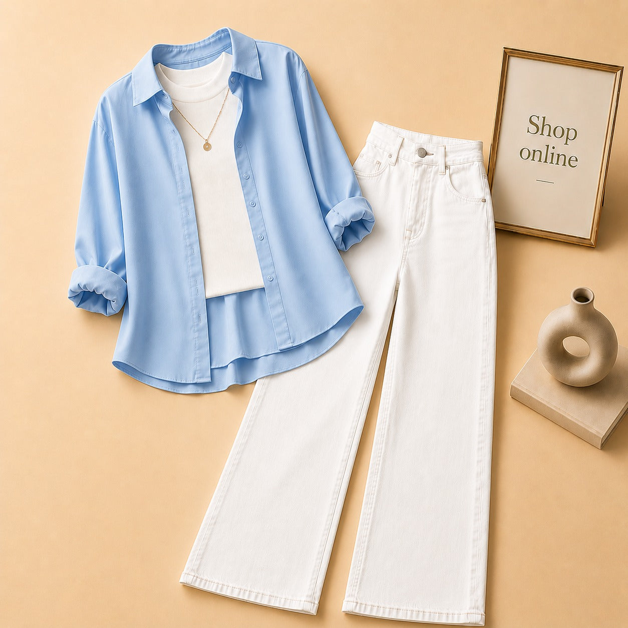 SKY BLUE  BUTTON DOWN SHIRT WITH WHITE TANK TOP AND WHITE WIDE LEG JEANS (3Pcs)
