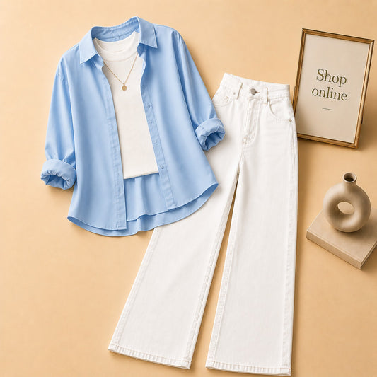 SKY BLUE  BUTTON DOWN SHIRT WITH WHITE TANK TOP AND WHITE WIDE LEG JEANS (3Pcs)