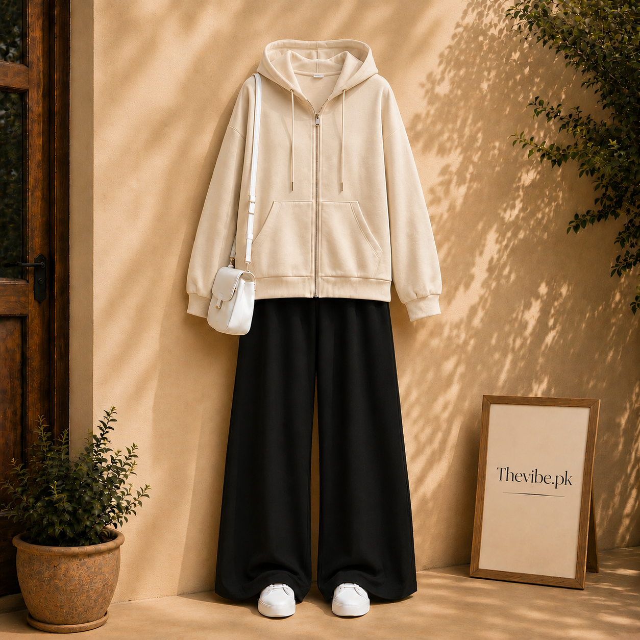 BEIGE ZIP HOODIE WITH BLACK FLAPPER