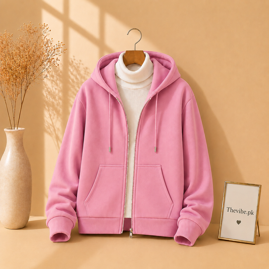 PINK ZIPPER HOODIE WITH WHITE HIGH NECK