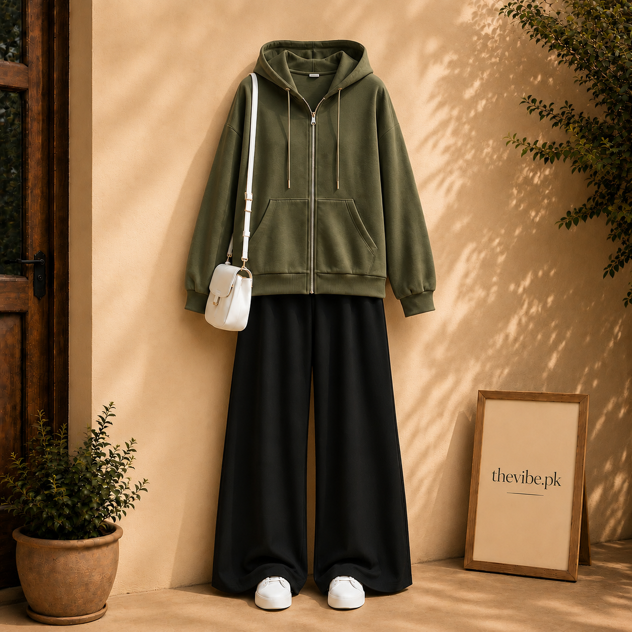 OLIVE GREEN ZIP HOODIE WITH BLACK FLAPPER