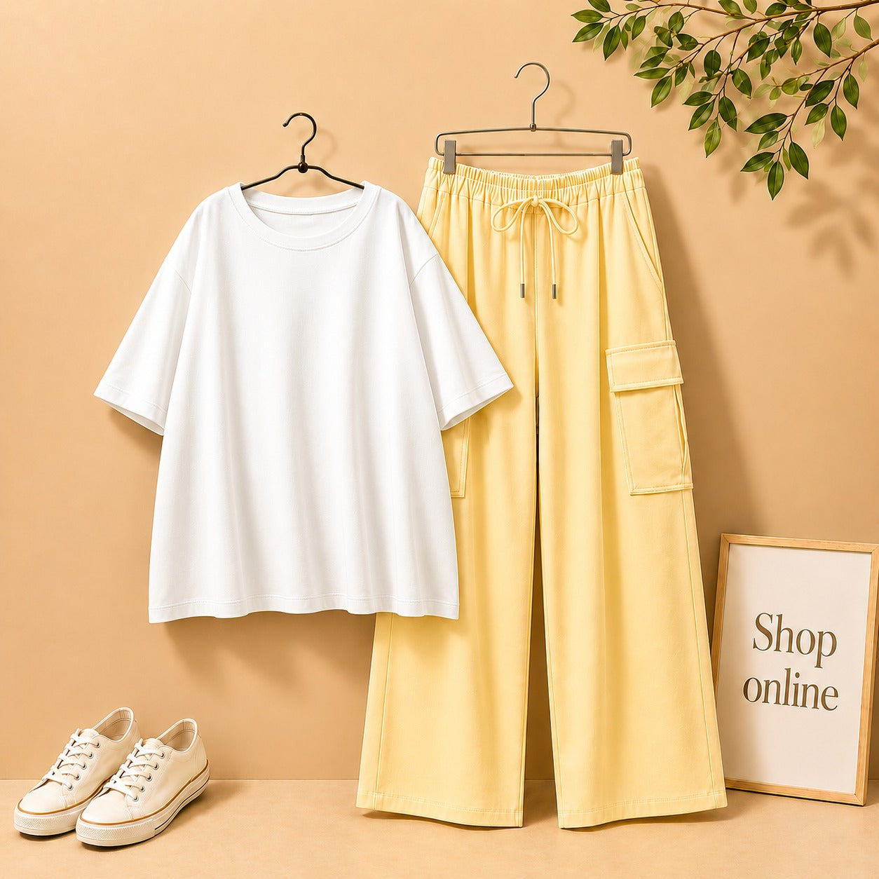WHITE  DROP SHOULDER TEE SHIRT WITH BEING CARGO TROUSER