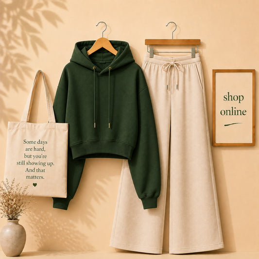 BASIC BOTTLE GREEN CROP HOOD WITH BEIGE FLAPPER
