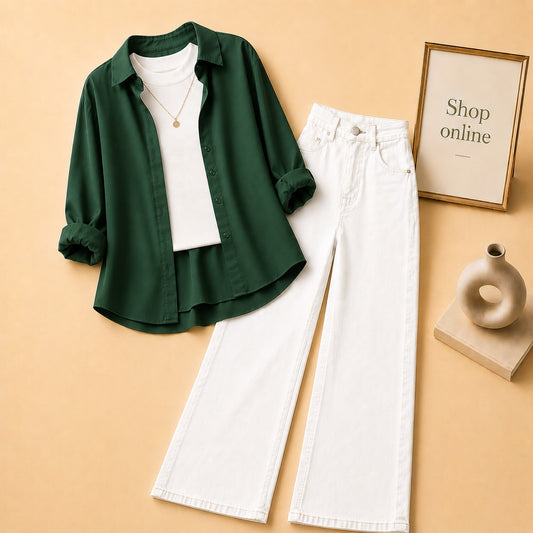 BOTTLE GREEN BUTTON DOWN SHIRT WITH WHITE TANK TOP WHITE WIDE LEG JEANS (3Pcs)