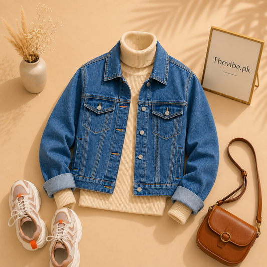 MID BLUE DENIM JACKET WITH BEIGE TURTLENECK