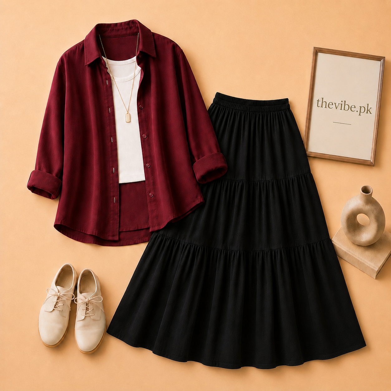 MAROON BUTTON DOWN SHIRT WITH WHITE TANK TOP AND 3TIER BLACK TWILL SKIRT