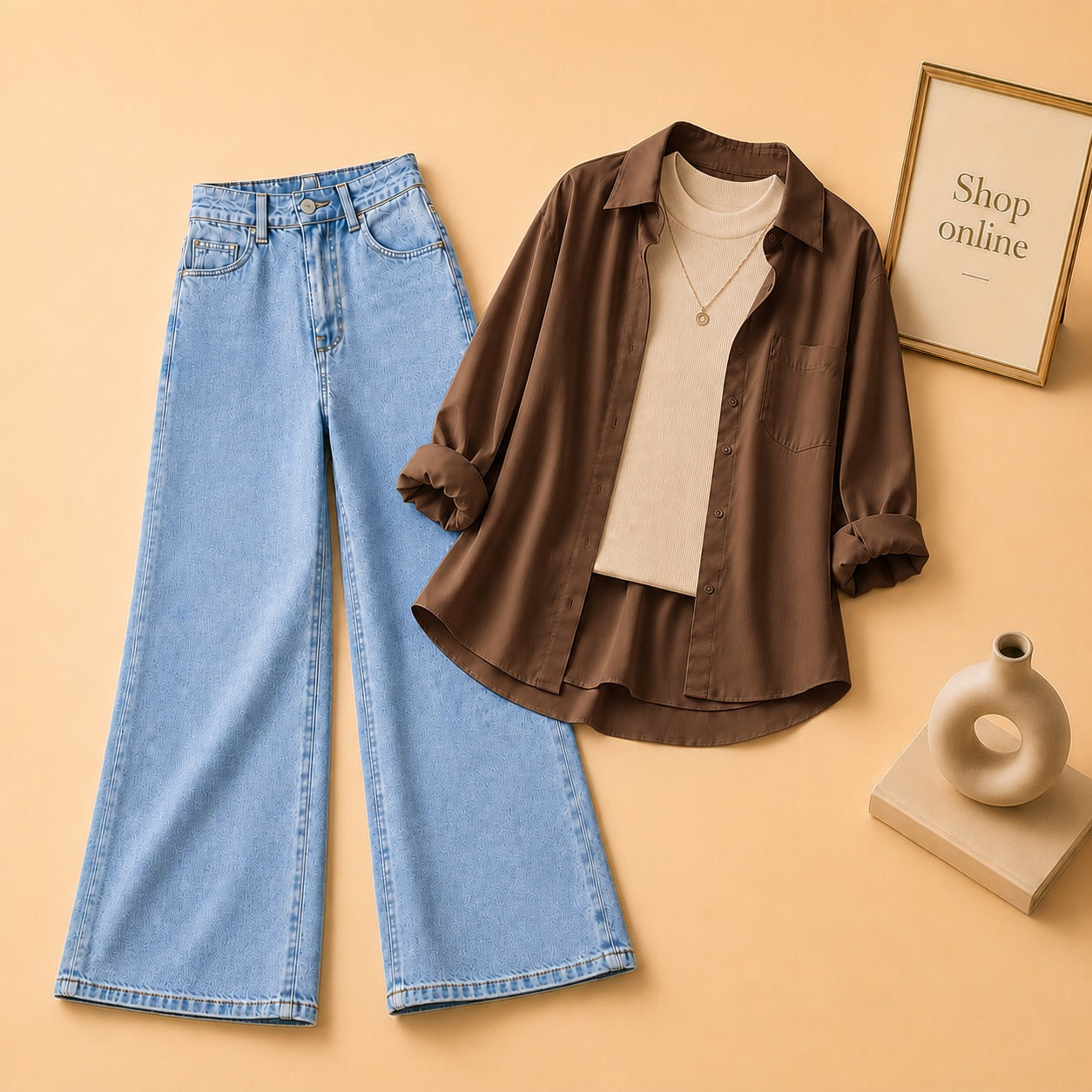 DARK BROWN BUTTON DOWN SHIRT WITH BEIGE TANK TOP SKY BLUE WIDE LEG JEANS (3Pcs)