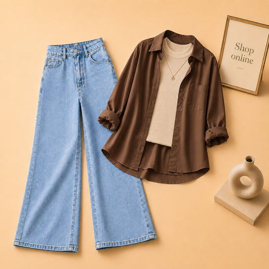 DARK BROWN BUTTON DOWN SHIRT WITH BEIGE TANK TOP SKY BLUE WIDE LEG JEANS (3Pcs)