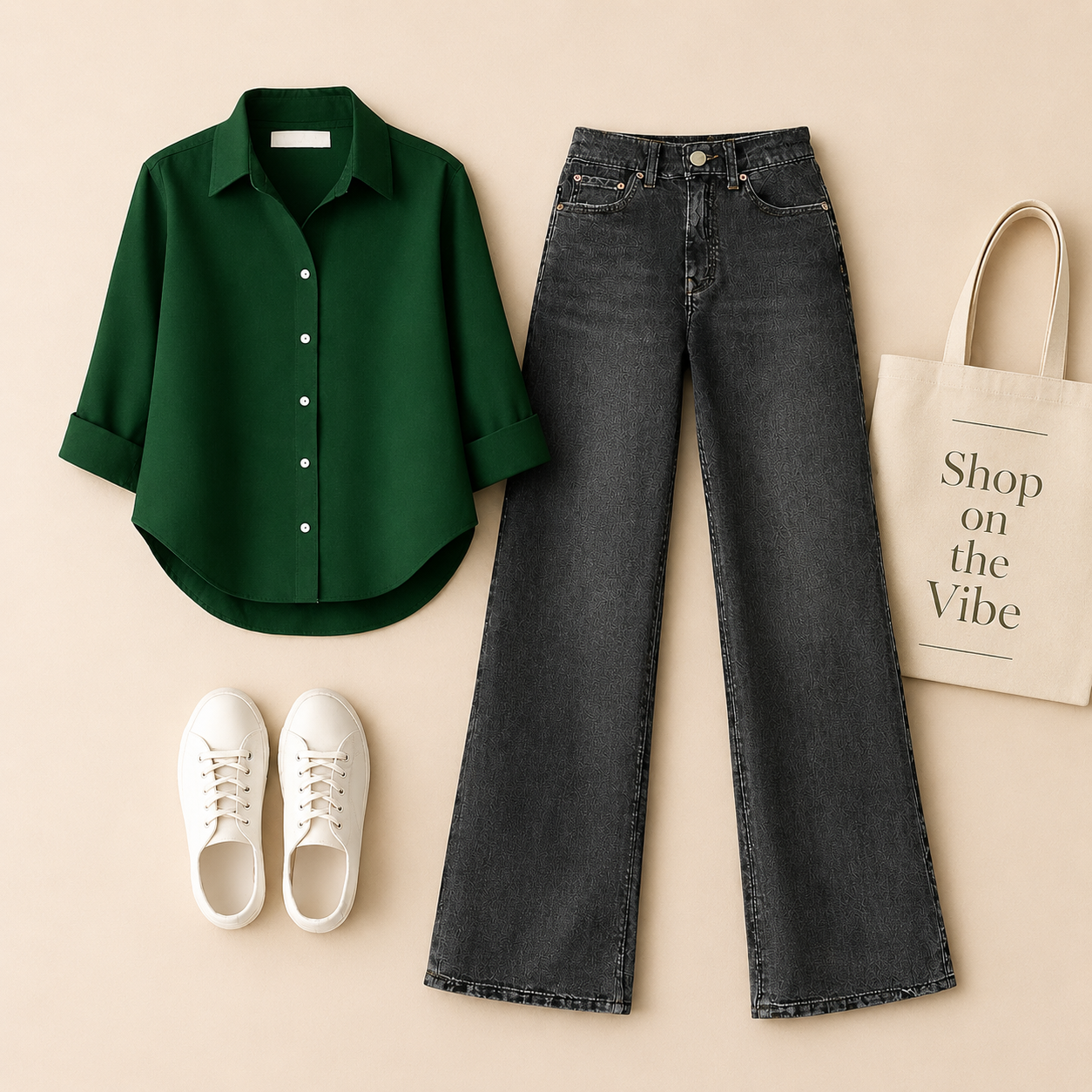 BOTTLE GREEN BUTTON SHIRT WITH MALAYSIAN BLACK WIDE LAG JEANS