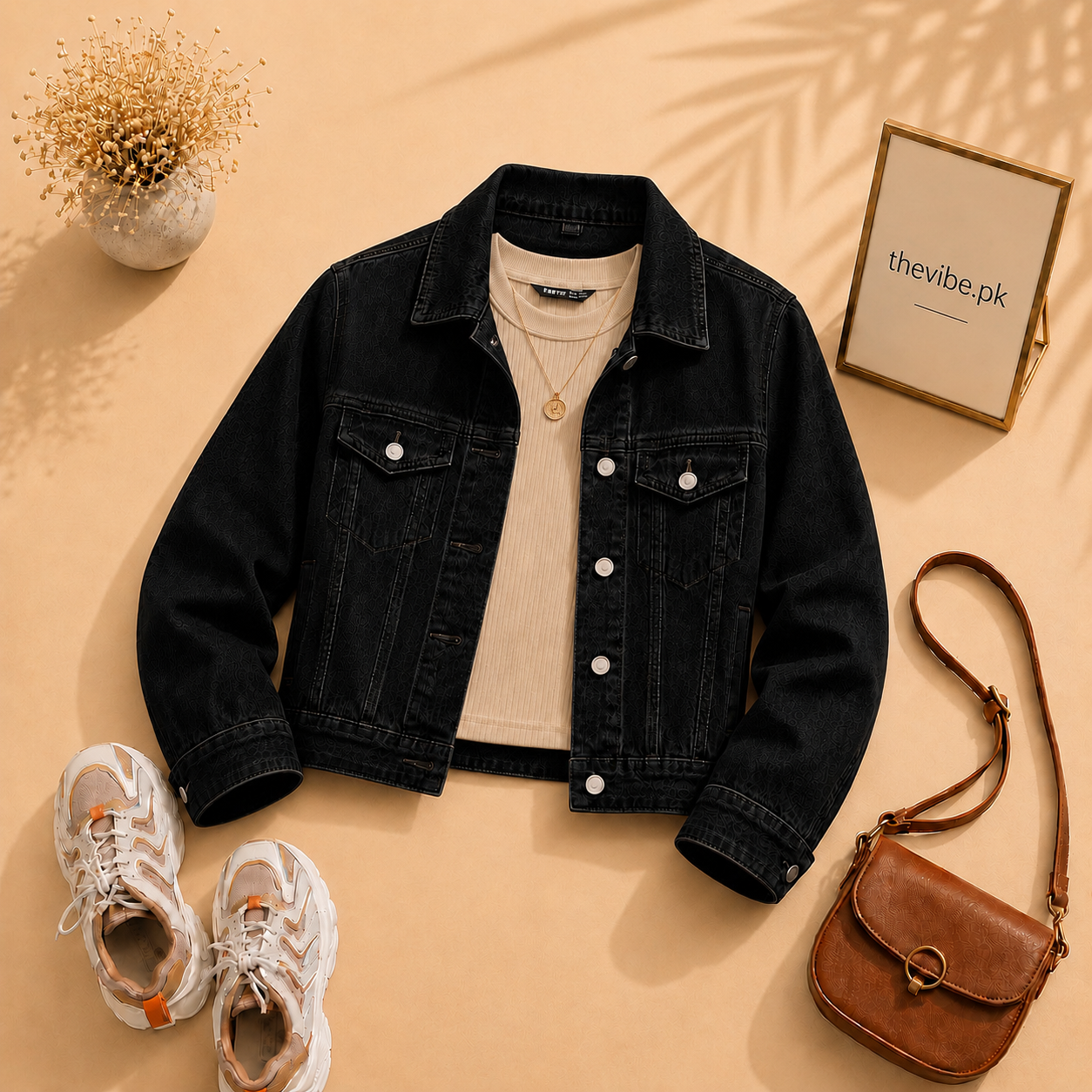 BLACK DENIM JACKET WITH BEIGE TANK TOP