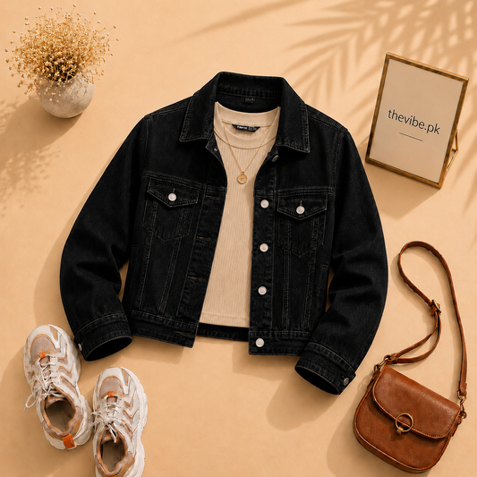 BLACK DENIM JACKET WITH BEIGE TANK TOP