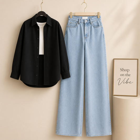 BLACK BUTTON DOWN SHIRT WHITE TANK TOP WITH SKY BLUE WIDE LEG JEANS (3pcs)