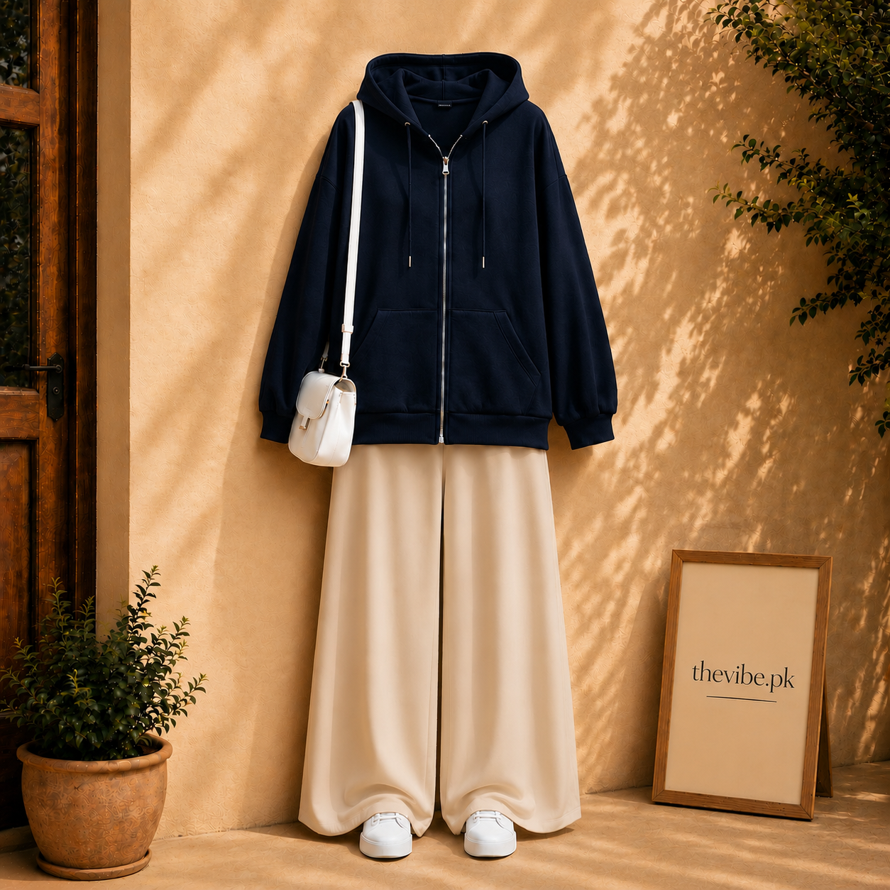 NAVY BLUE ZIP HOODIE WITH BEIGE FLAPPER