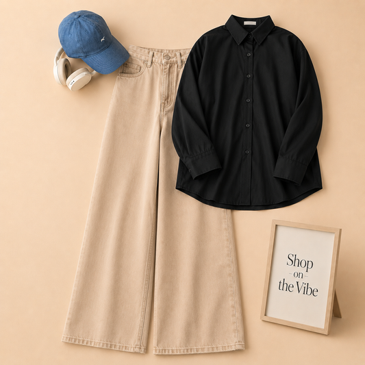 BLACK BUTTON SHIRT WITH BEIGE WIDE LEG JEANS