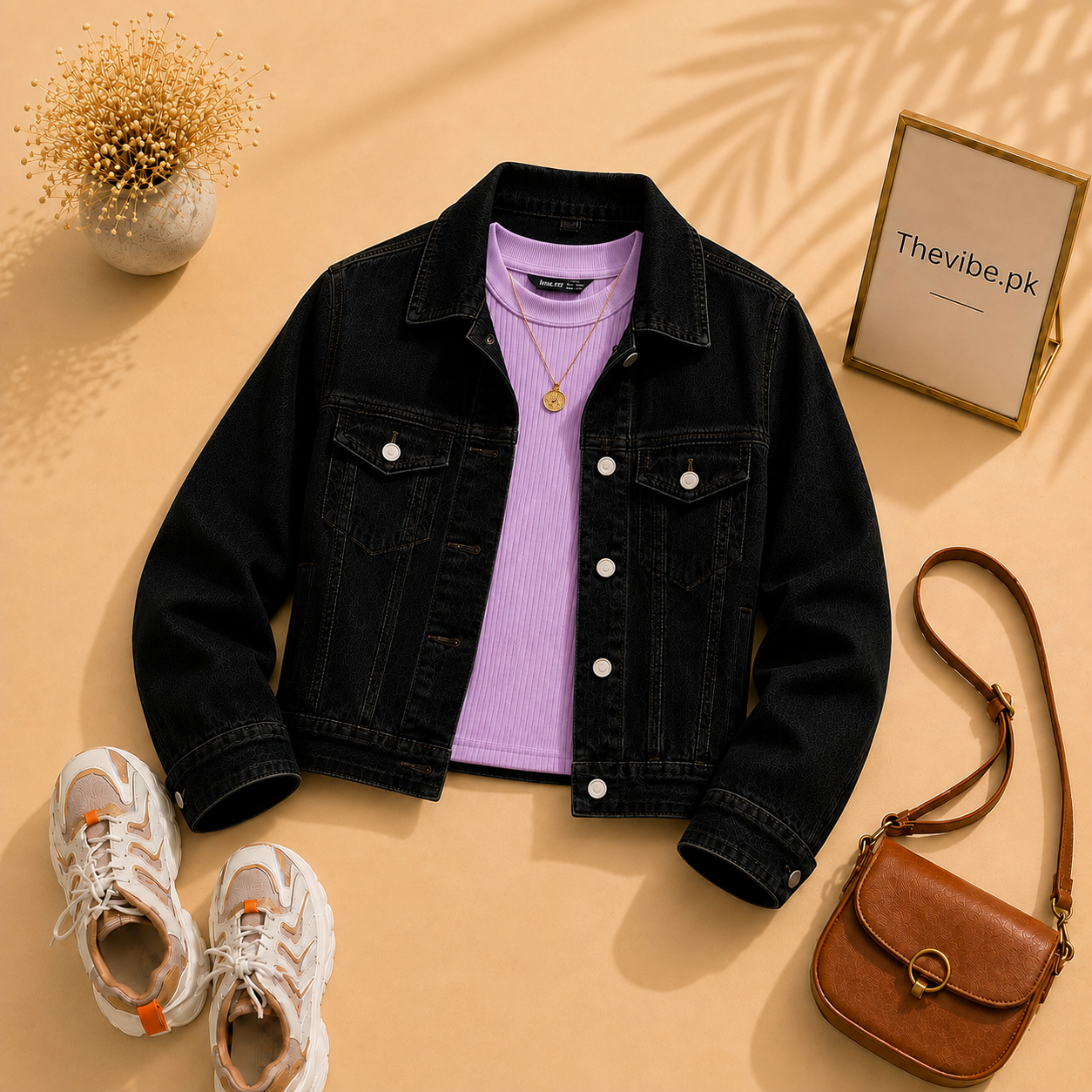 BLACK DENIM JACKET WITH LILAC TANK TOP